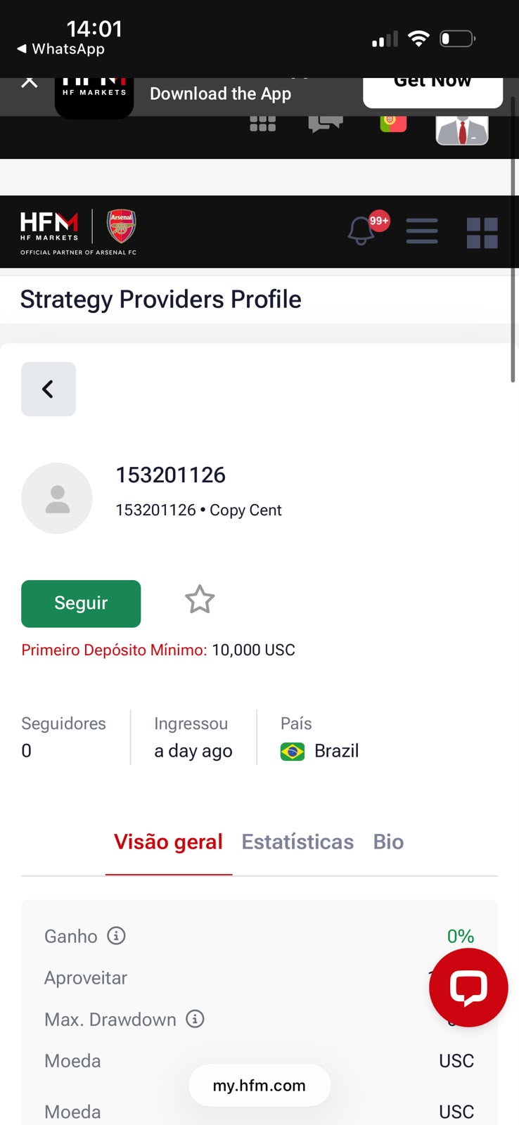 Tela da HFM mostrando o provedor 153201126 e o botão Seguir